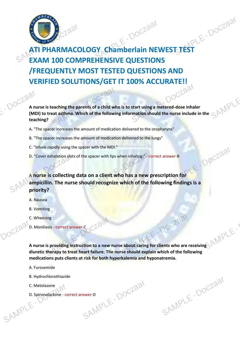 Preview page 1 of ATI PHARMACOLOGY Chamberlain NEWEST TEST EXAM 100 COMPREHENSIVE QUESTIONS /FREQUENTLY MOST TESTED QUESTIONS AND VERI