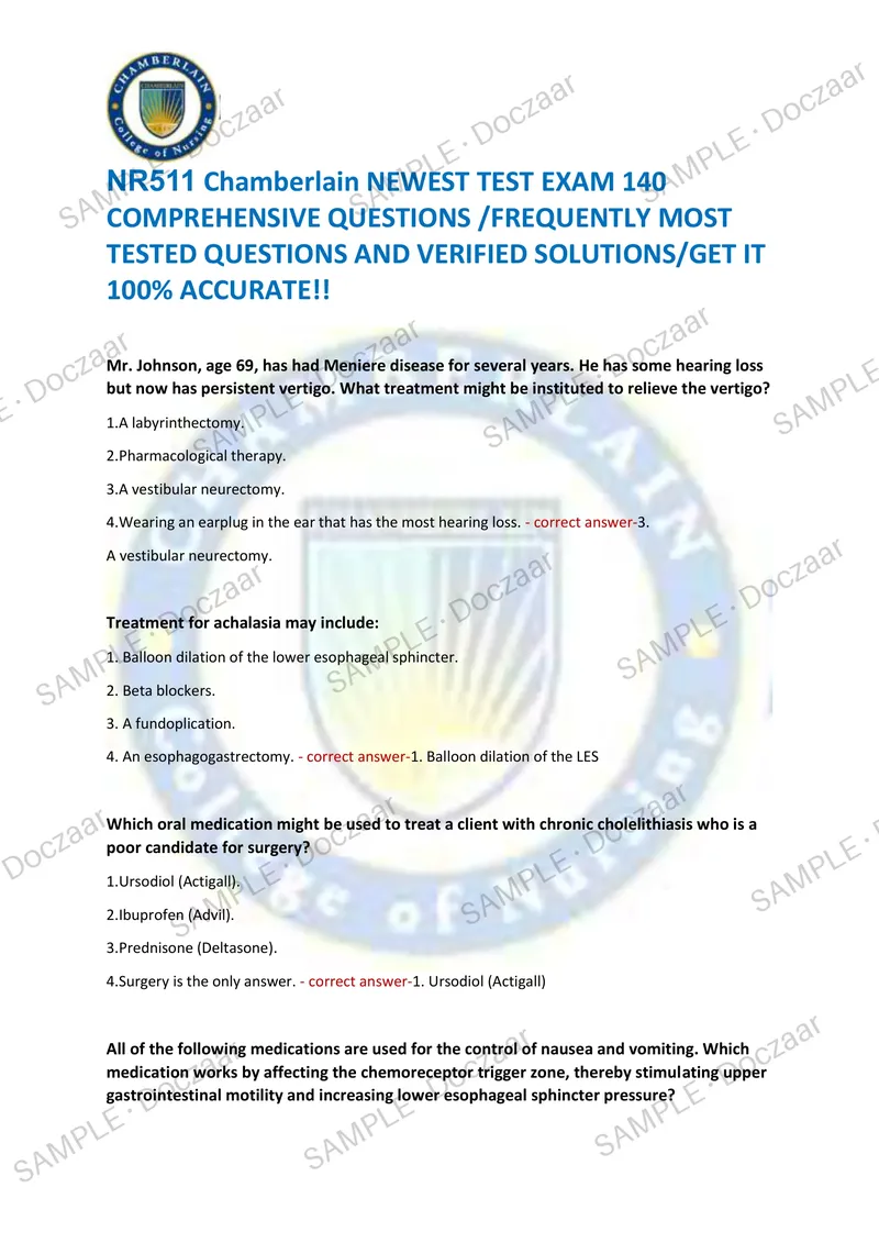 Preview page 1 of NR511 Chamberlain NEWEST TEST EXAM 140  COMPREHENSIVE QUESTIONS /FREQUENTLY MOST  TESTED QUESTIONS AND VERIFIED SOLUTION