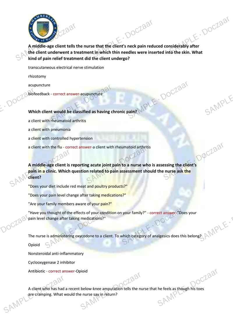 Preview page 6 of NUR 230 MIDTERM EXAM Chamberlain NEWEST TEST  EXAM 200 COMPREHENSIVE QUESTIONS /FREQUENTLY  MOST TESTED QUESTIONS AND VE
