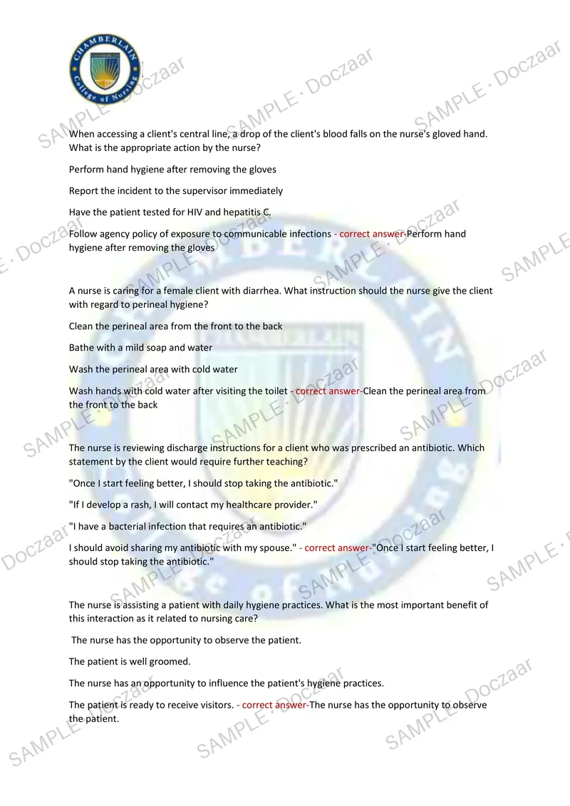 Preview page 11 of NUR 230 MIDTERM EXAM Chamberlain NEWEST TEST  EXAM 200 COMPREHENSIVE QUESTIONS /FREQUENTLY  MOST TESTED QUESTIONS AND VE