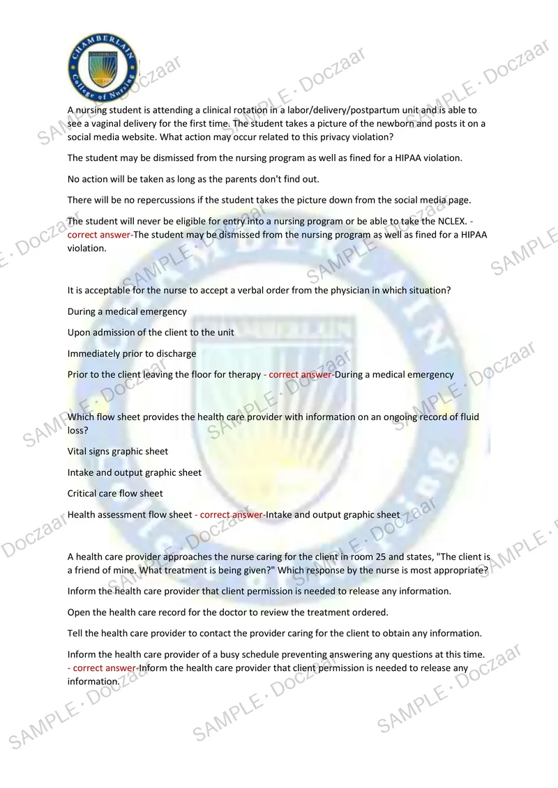 Preview page 41 of NUR 230 MIDTERM EXAM Chamberlain NEWEST TEST  EXAM 200 COMPREHENSIVE QUESTIONS /FREQUENTLY  MOST TESTED QUESTIONS AND VE