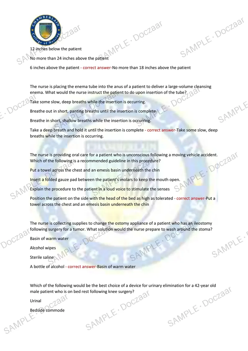 Preview page 18 of NUR 230 MIDTERM EXAM Chamberlain NEWEST TEST  EXAM 200 COMPREHENSIVE QUESTIONS /FREQUENTLY  MOST TESTED QUESTIONS AND VE