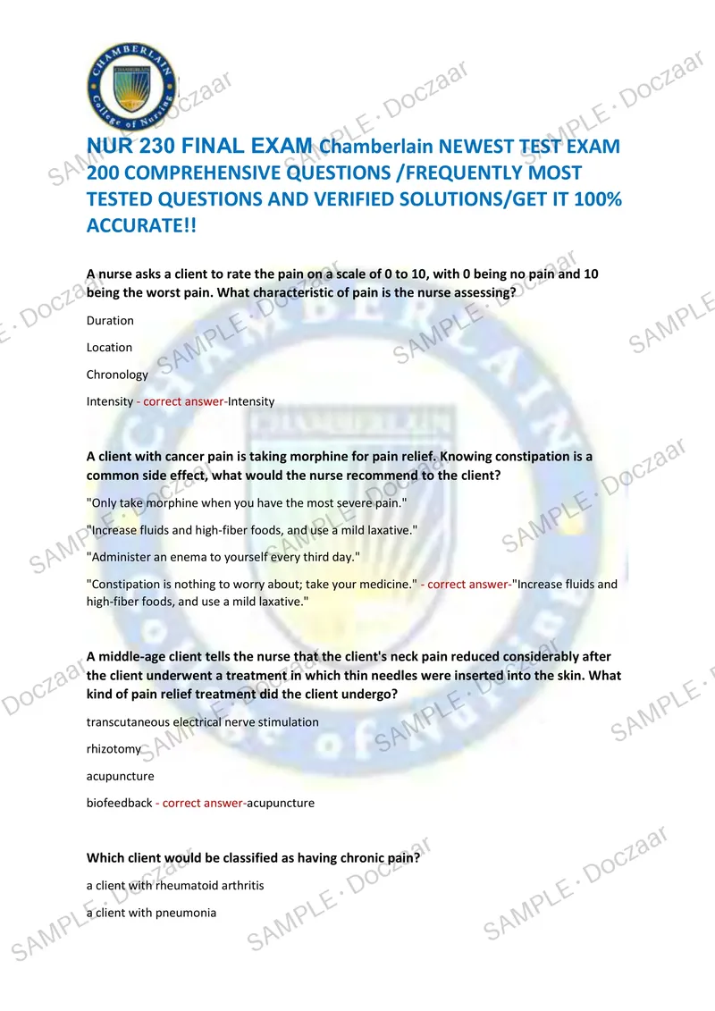 Preview page 1 of NUR 230 FINAL EXAM Chamberlain NEWEST TEST EXAM  200 COMPREHENSIVE QUESTIONS /FREQUENTLY MOST  TESTED QUESTIONS AND VERI
