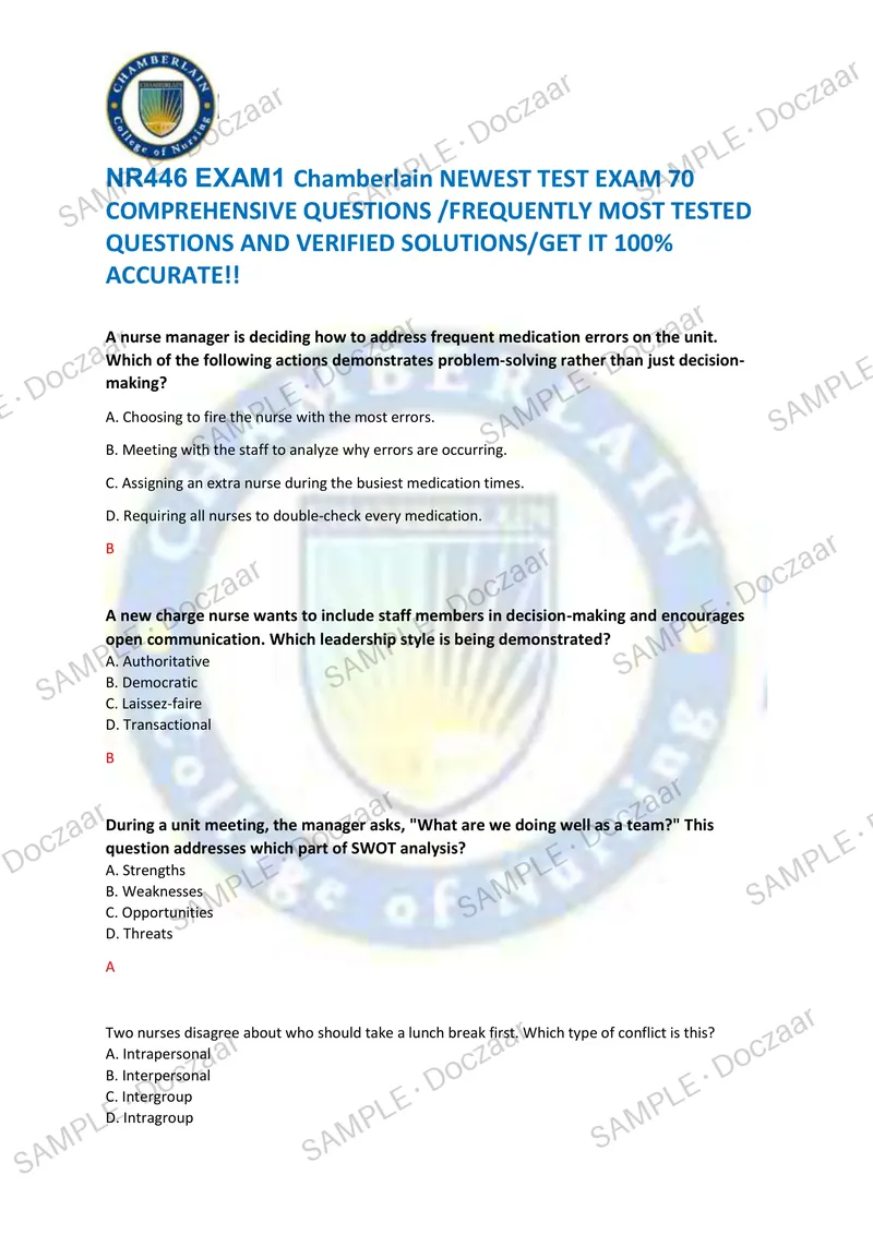 Preview page 1 of NR446 EXAM1 Chamberlain NEWEST TEST EXAM 70  COMPREHENSIVE QUESTIONS /FREQUENTLY MOST TESTED  QUESTIONS AND VERIFIED SOL