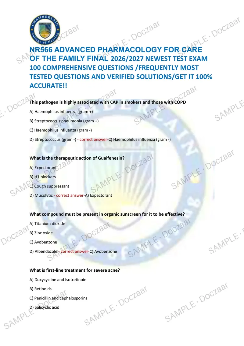 Preview page 1 of NR566 ADVANCED PHARMACOLOGY FOR CARE  OF THE FAMILY FINAL 2026/2027 NEWEST TEST EXAM  100 COMPREHENSIVE QUESTIONS /FREQU