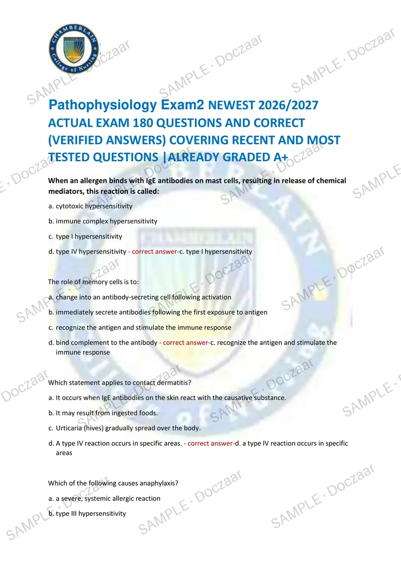 Preview page 1 of Pathophysiology Exam2 NEWEST 2026/2027 ACTUAL EXAM 180 QUESTIONS AND CORRECT (VERIFIED ANSWERS) COVERING RECENT AND MO