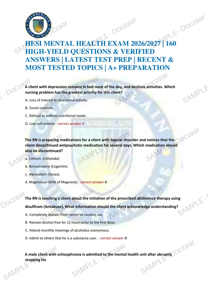 Preview page 1 of Preparing for the HESI Mental Health Exam 2026/2027? This comprehensive resource contains 160 practice questions with ve
