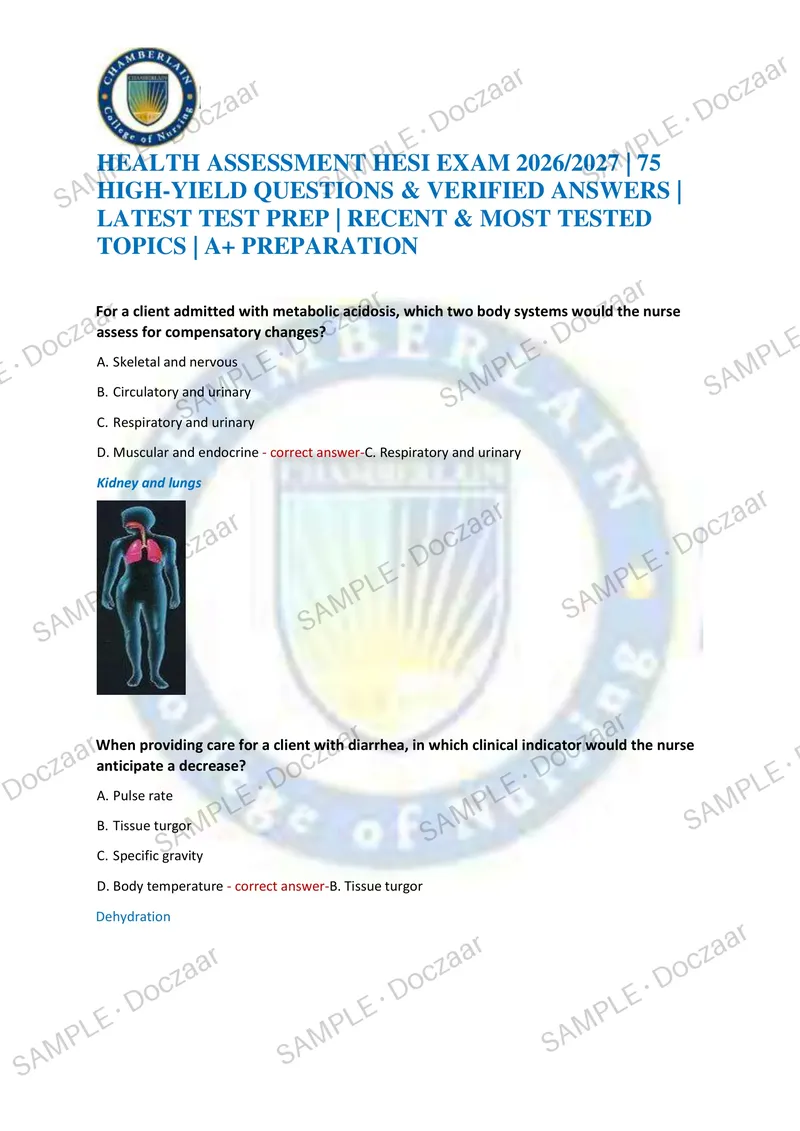Preview page 1 of HEALTH ASSESSMENT HESI EXAM 2026/2027 | 75 HIGH-YIELD QUESTIONS & VERIFIED ANSWERS | LATEST TEST PREP | RECENT & MOST TE