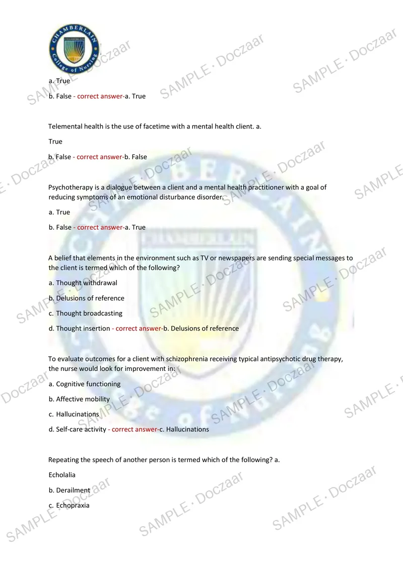 Preview page 11 of PN MENTAL HEALTH MIDTERM EXAM 2026/2027 | 150 HIGH-YIELD QUESTIONS & VERIFIED ANSWERS | LATEST TEST PREP | RECENT & MOST