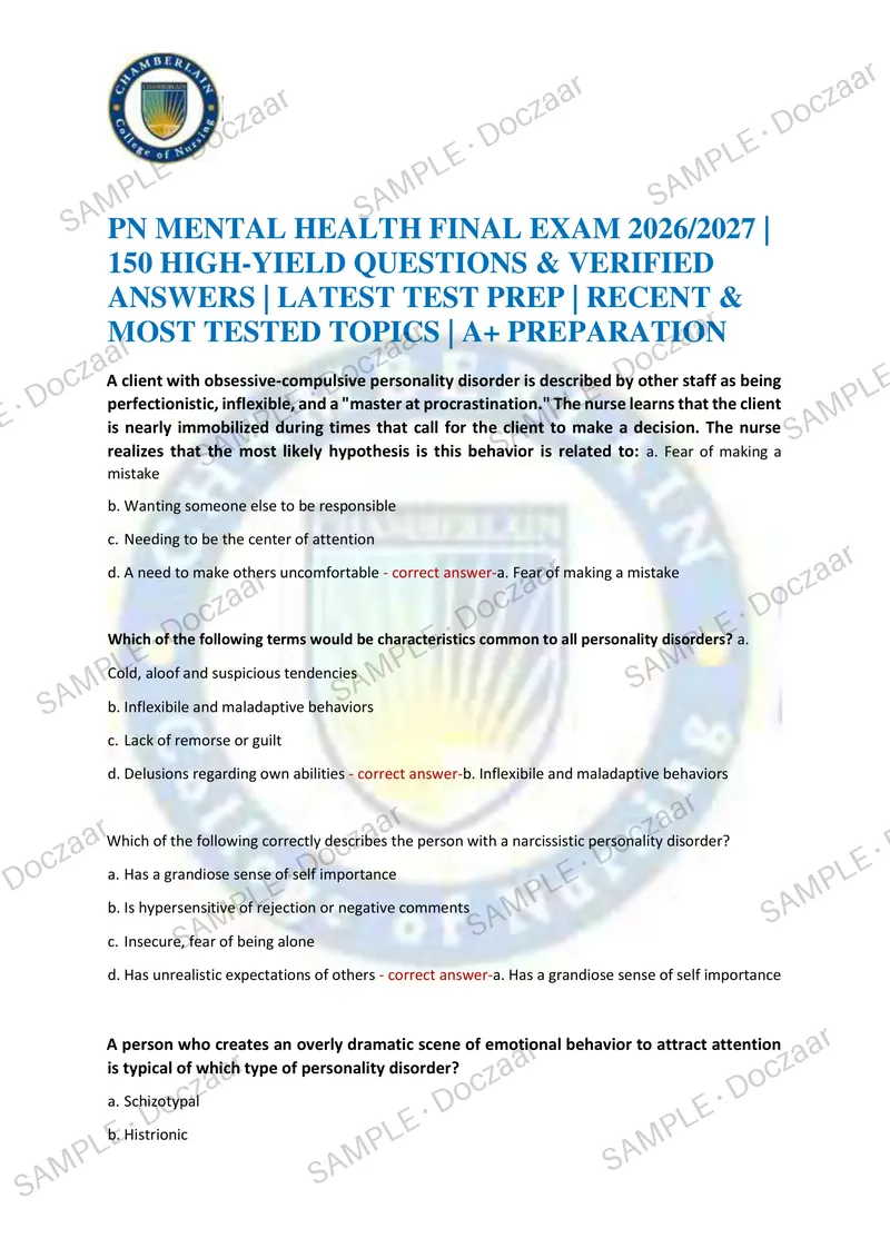 Preview page 1 of PN MENTAL HEALTH FINAL EXAM 2026/2027 | 150 HIGH-YIELD QUESTIONS & VERIFIED ANSWERS | LATEST TEST PREP | RECENT & MOST T