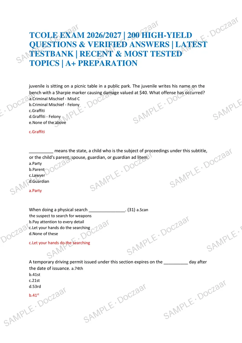 Preview page 1 of TCOLE EXAM 2026/2027 | 200 HIGH-YIELD QUESTIONS & VERIFIED ANSWERS | LATEST TESTBANK | RECENT & MOST TESTED TOPICS | A+