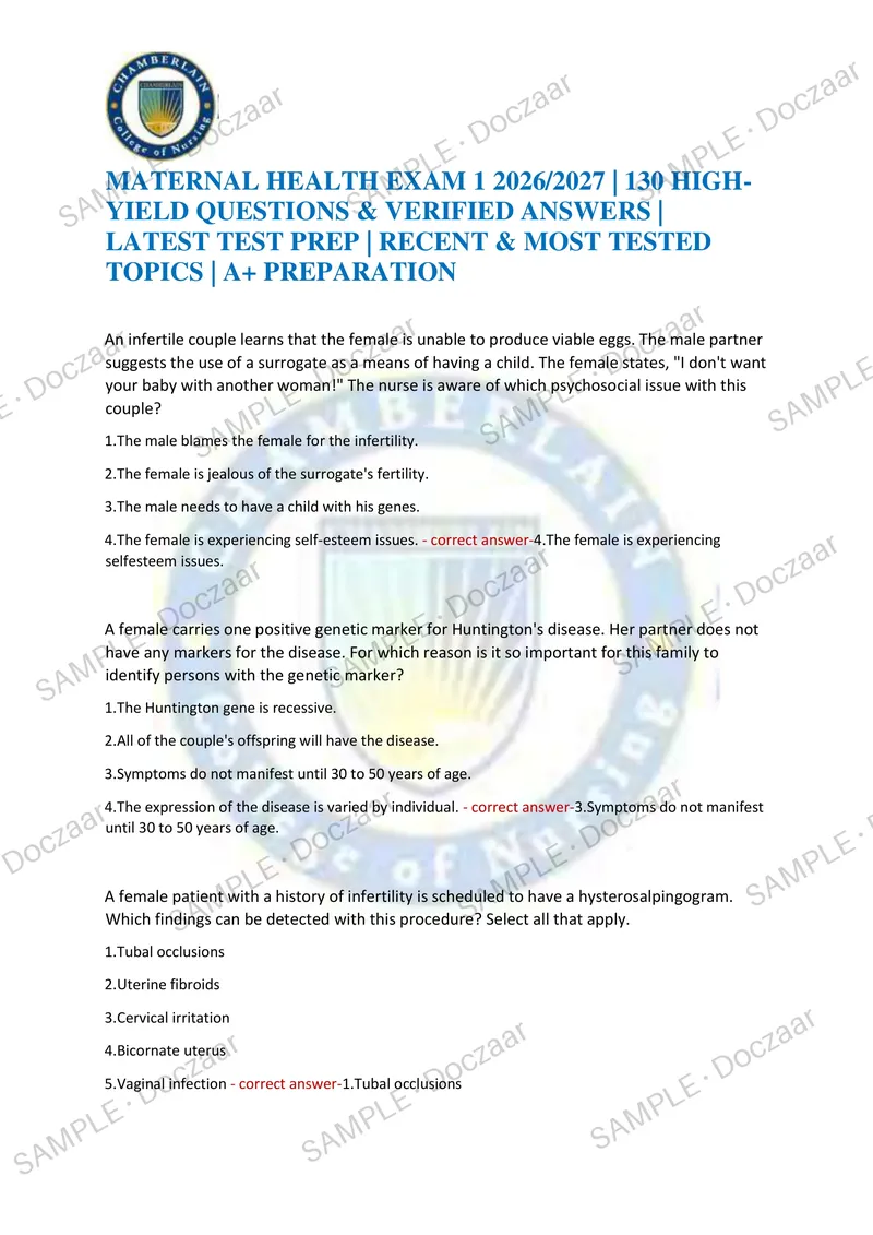 Preview page 1 of MATERNAL HEALTH EXAM 1 2026/2027 | 130 HIGH-YIELD QUESTIONS & VERIFIED ANSWERS | LATEST TEST PREP | RECENT & MOST TESTED