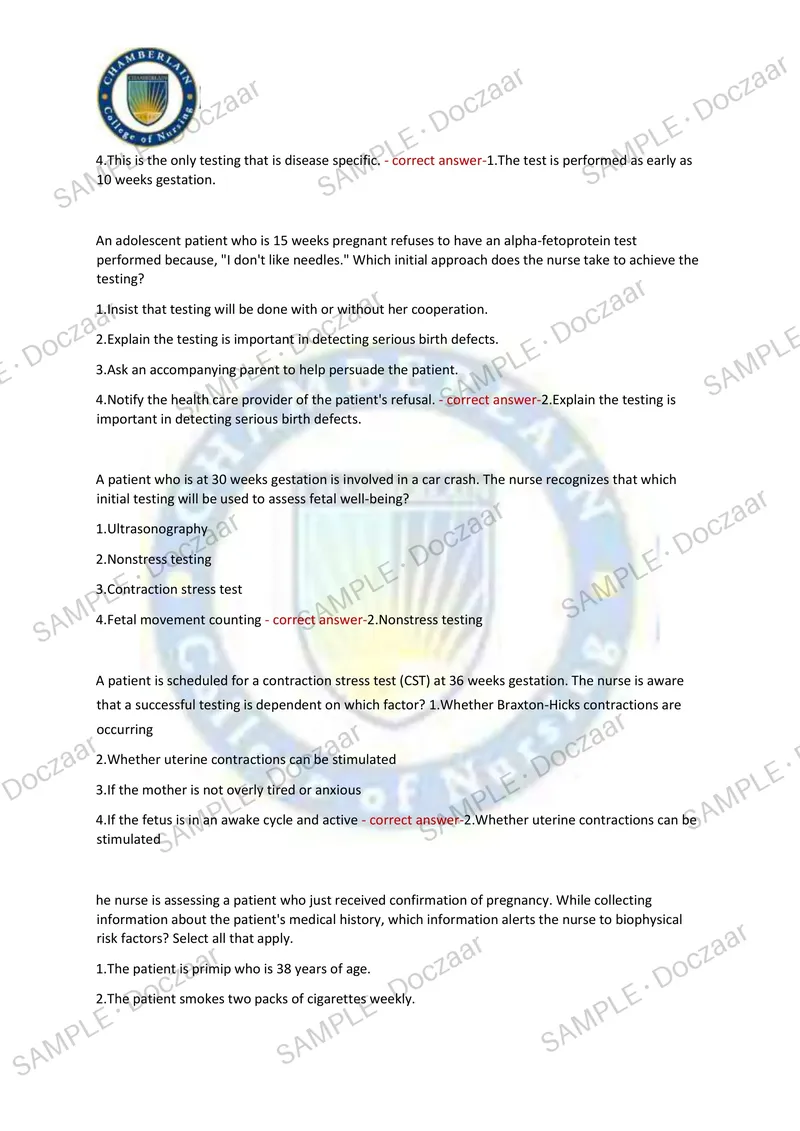 Preview page 22 of MATERNAL HEALTH EXAM 1 2026/2027 | 130 HIGH-YIELD QUESTIONS & VERIFIED ANSWERS | LATEST TEST PREP | RECENT & MOST TESTED