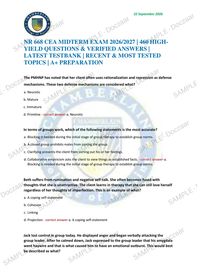 Preview page 1 of NR 668 CEA MIDTERM EXAM 2026/2027 | 460 HIGH-YIELD QUESTIONS & VERIFIED ANSWERS | LATEST TESTBANK | RECENT & MOST TESTED