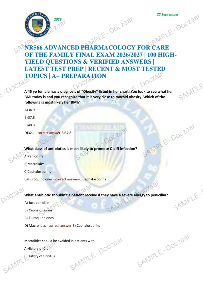 Preview page 1 of NR566 ADVANCED PHARMACOLOGY FOR CARE OF THE FAMILY FINAL EXAM 2026/2027 | 100 HIGH-YIELD QUESTIONS & VERIFIED ANSWERS |