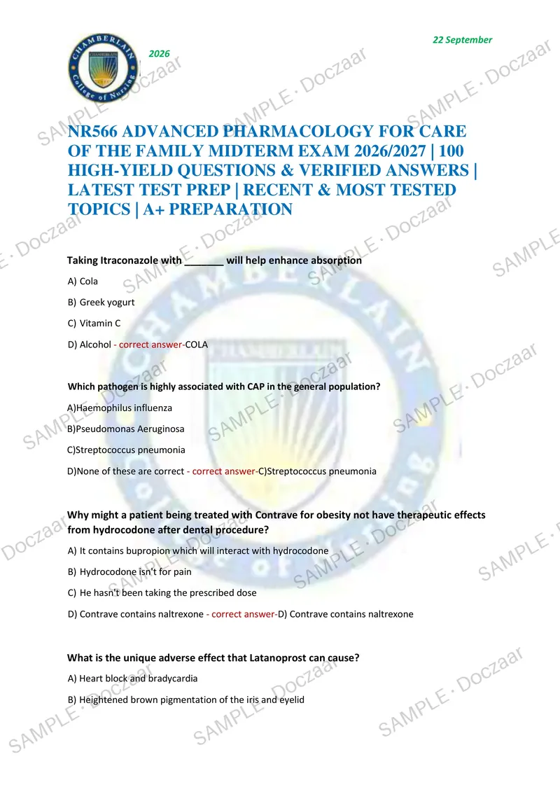 Preview page 1 of NR566 ADVANCED PHARMACOLOGY FOR CARE OF THE FAMILY MIDTERM EXAM 2026/2027 | 100 HIGH-YIELD QUESTIONS & VERIFIED ANSWERS