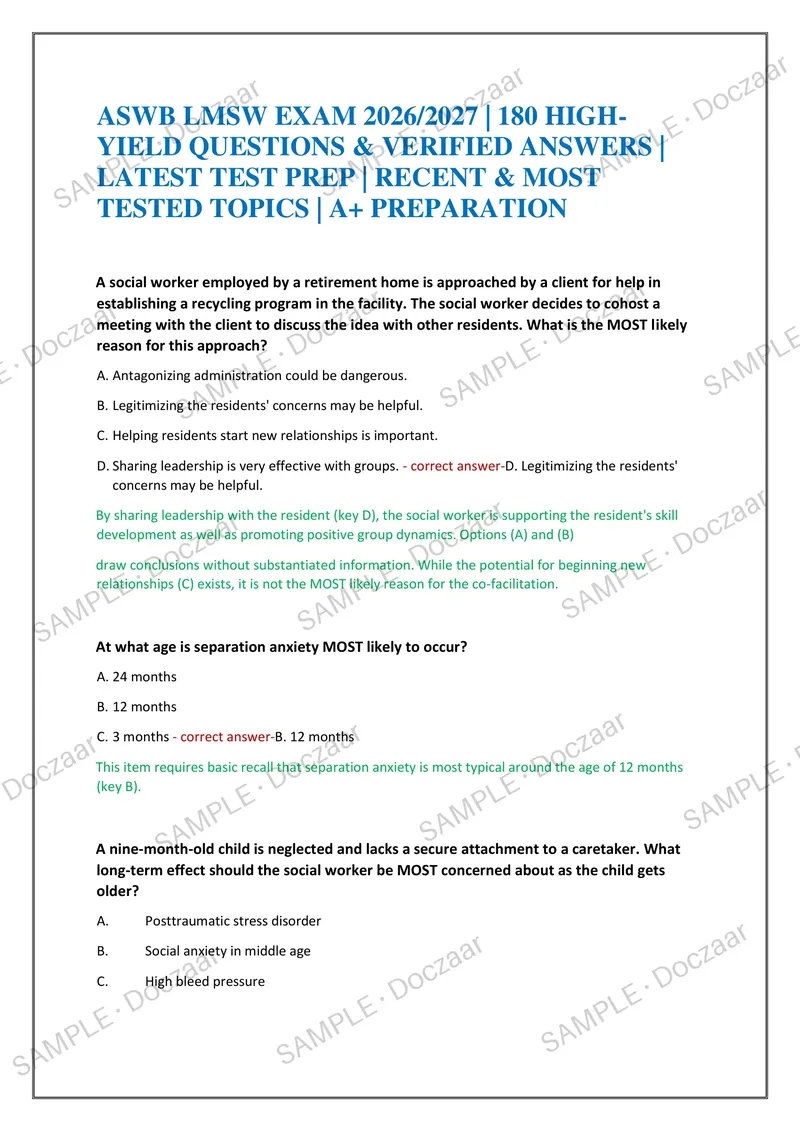 Preview page 1 of ASWB LMSW EXAM 2026/2027 | 180 HIGH-YIELD QUESTIONS & VERIFIED ANSWERS | LATEST TEST PREP | RECENT & MOST TESTED TOPICS
