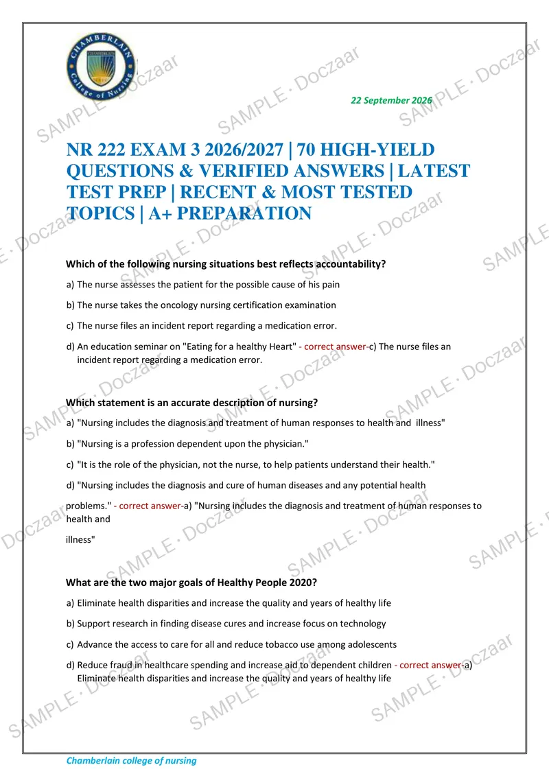 Preview page 1 of NR 222 EXAM 3 2026/2027 | 70 HIGH-YIELD QUESTIONS & VERIFIED ANSWERS | LATEST TEST PREP | RECENT & MOST TESTED TOPICS |