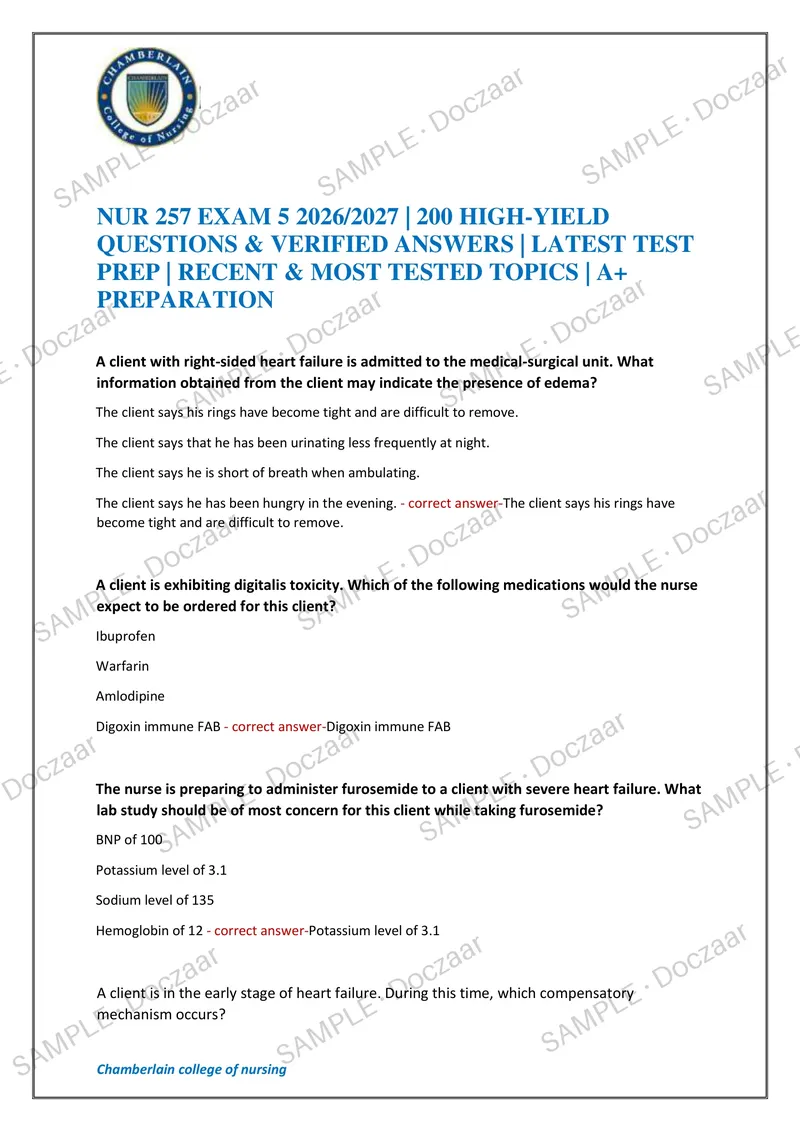 Preview page 1 of NUR 257 EXAM 5 2026/2027 | 200 HIGH-YIELD QUESTIONS & VERIFIED ANSWERS | LATEST TEST PREP | RECENT & MOST TESTED TOPICS