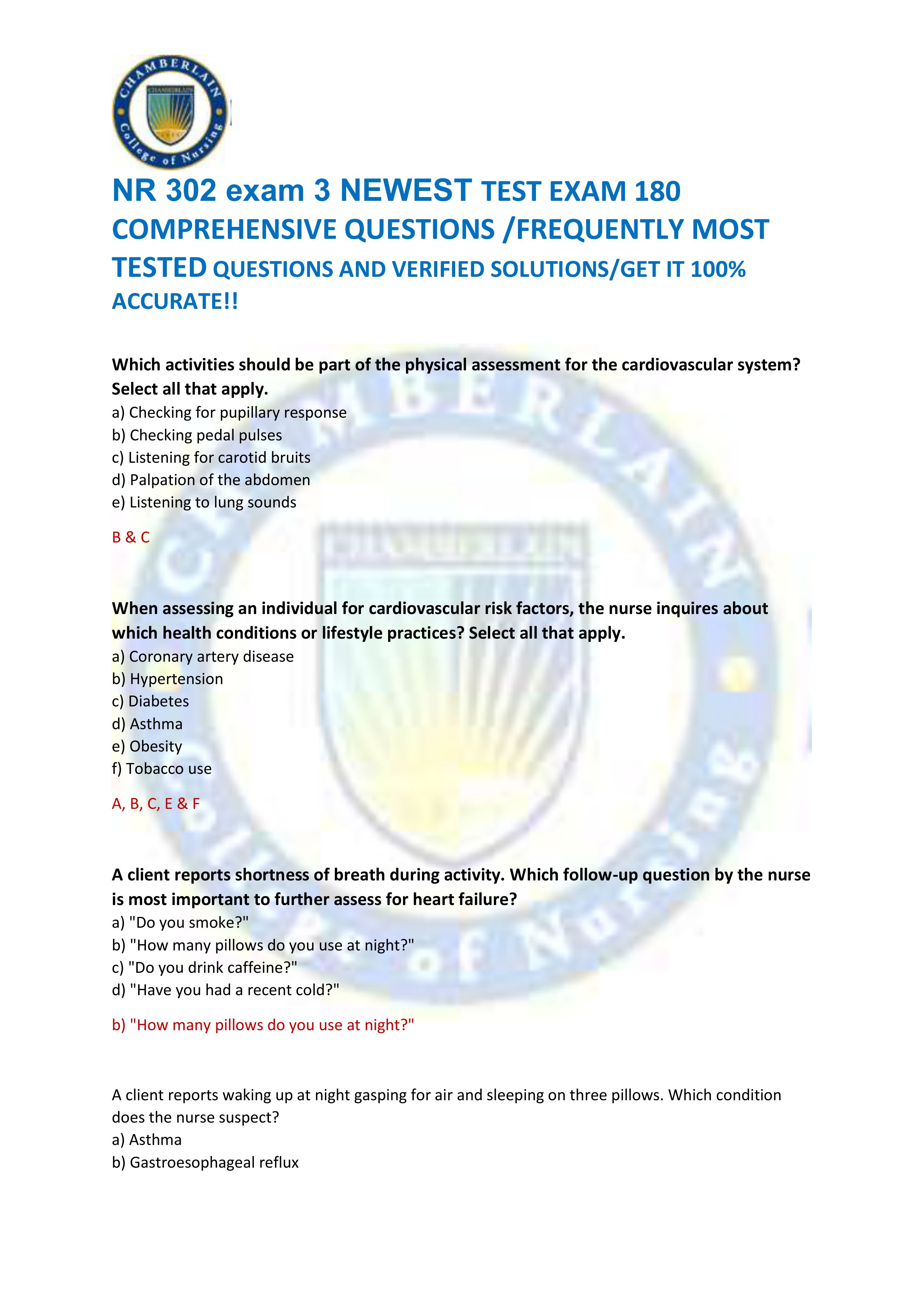 Preview of NR 302 exam 3 NEWEST TEST EXAM 180  COMPREHENSIVE QUESTIONS /FREQUENTLY MOST  TESTED QUESTIONS AND VERIFIED SOLUTIONS/GE