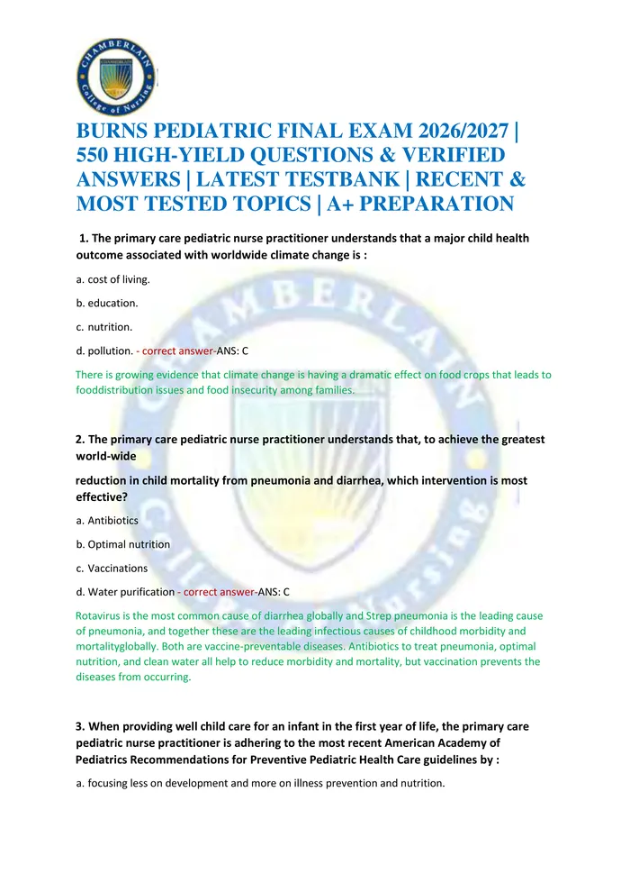 Preview of BURNS PEDIATRIC FINAL EXAM 2026/2027 | 550 HIGH-YIELD QUESTIONS & VERIFIED ANSWERS | LATEST TESTBANK | RECENT & MOST TES