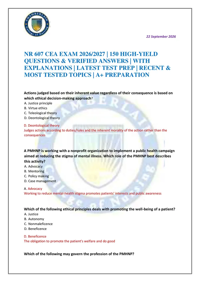 Preview of NR 607 CEA EXAM 2026/2027 | 150 HIGH-YIELD QUESTIONS & VERIFIED ANSWERS | WITH EXPLANATIONS | LATEST TEST PREP | RECENT