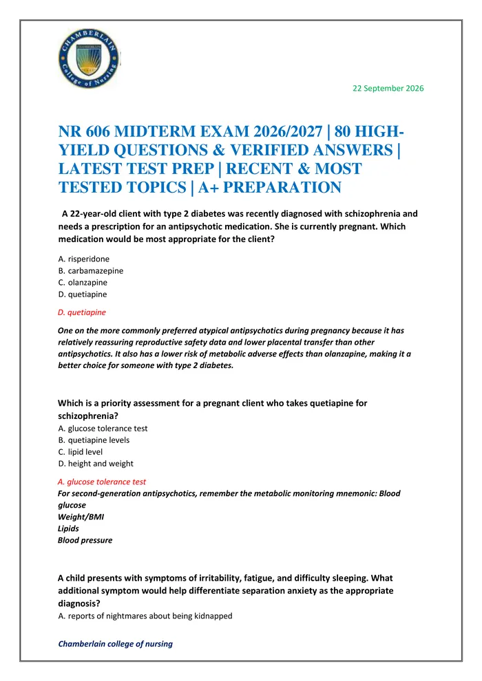Preview of NR 606 MIDTERM EXAM 2026/2027 | 80 HIGH-YIELD QUESTIONS & VERIFIED ANSWERS | LATEST TEST PREP | RECENT & MOST TESTED TOP