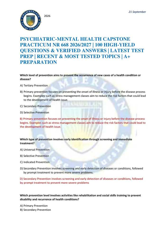 Preview of PSYCHIATRIC-MENTAL HEALTH CAPSTONE PRACTICUM NR 668 2026/2027 | 100 HIGH-YIELD QUESTIONS & VERIFIED ANSWERS | LATEST TES