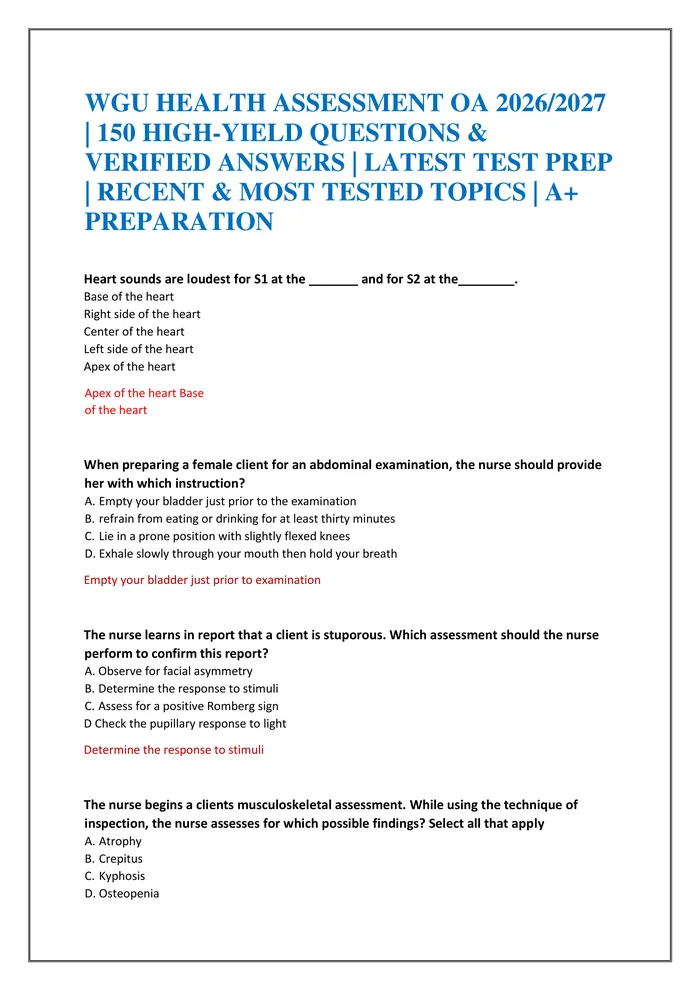 Preview of WGU HEALTH ASSESSMENT OA 2026/2027 | 150 HIGH-YIELD QUESTIONS & VERIFIED ANSWERS | LATEST TEST PREP | RECENT & MOST TEST