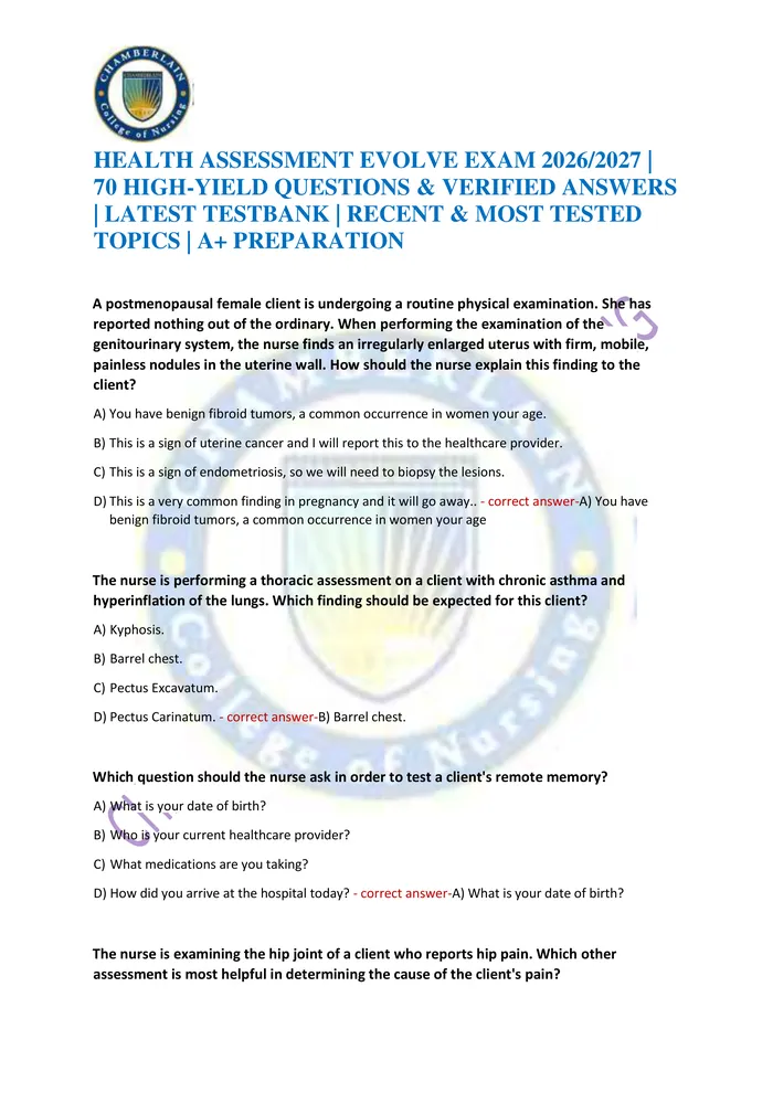 Preview of HEALTH ASSESSMENT EVOLVE EXAM 2026/2027 | 70 HIGH-YIELD QUESTIONS & VERIFIED ANSWERS | LATEST TESTBANK | RECENT & MOST T