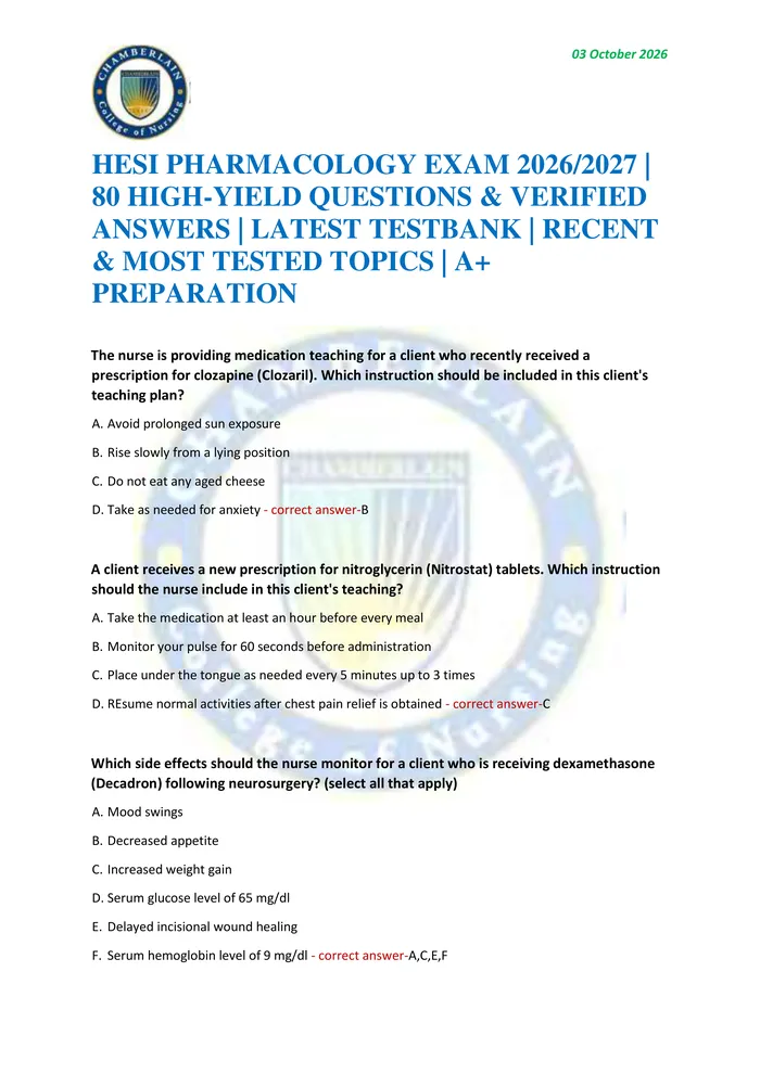 Preview of HESI PHARMACOLOGY EXAM 2026/2027 | 80 HIGH-YIELD QUESTIONS & VERIFIED ANSWERS | LATEST TESTBANK | RECENT & MOST TESTED T