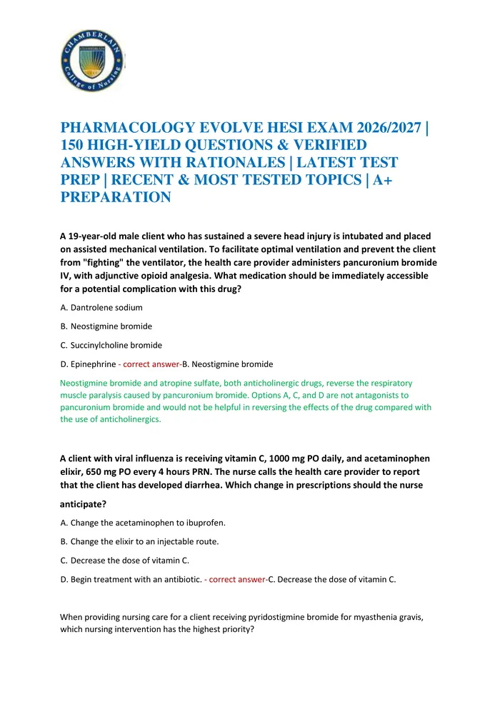 Preview of PHARMACOLOGY EVOLVE HESI EXAM 2026/2027 | 150 HIGH-YIELD QUESTIONS & VERIFIED ANSWERS WITH RATIONALES | LATEST TEST PREP