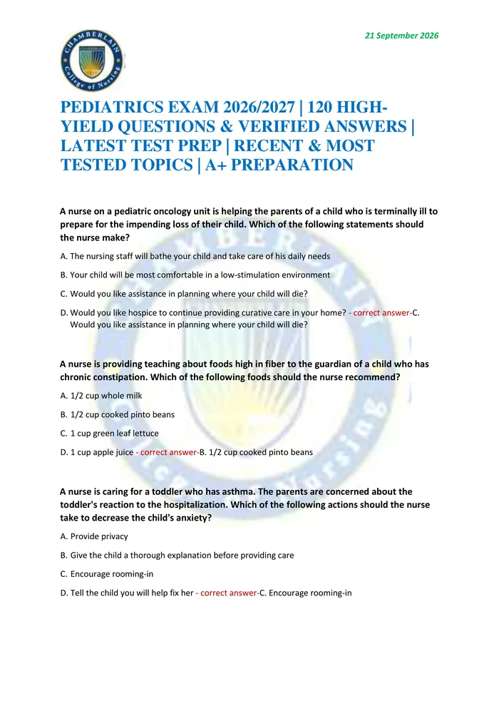 Preview of PEDIATRICS EXAM 2026/2027 | 120 HIGH-YIELD QUESTIONS & VERIFIED ANSWERS | LATEST TEST PREP | RECENT & MOST TESTED TOPICS