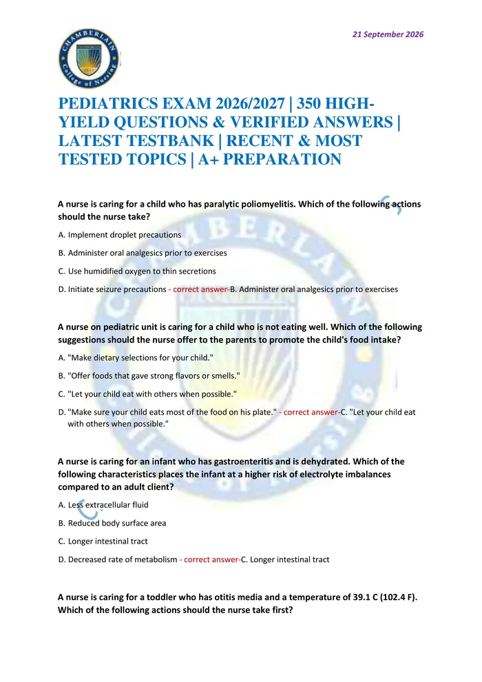 Preview of PEDIATRICS EXAM 2026/2027 | 350 HIGH-YIELD QUESTIONS & VERIFIED ANSWERS | LATEST TESTBANK | RECENT & MOST TESTED TOPICS