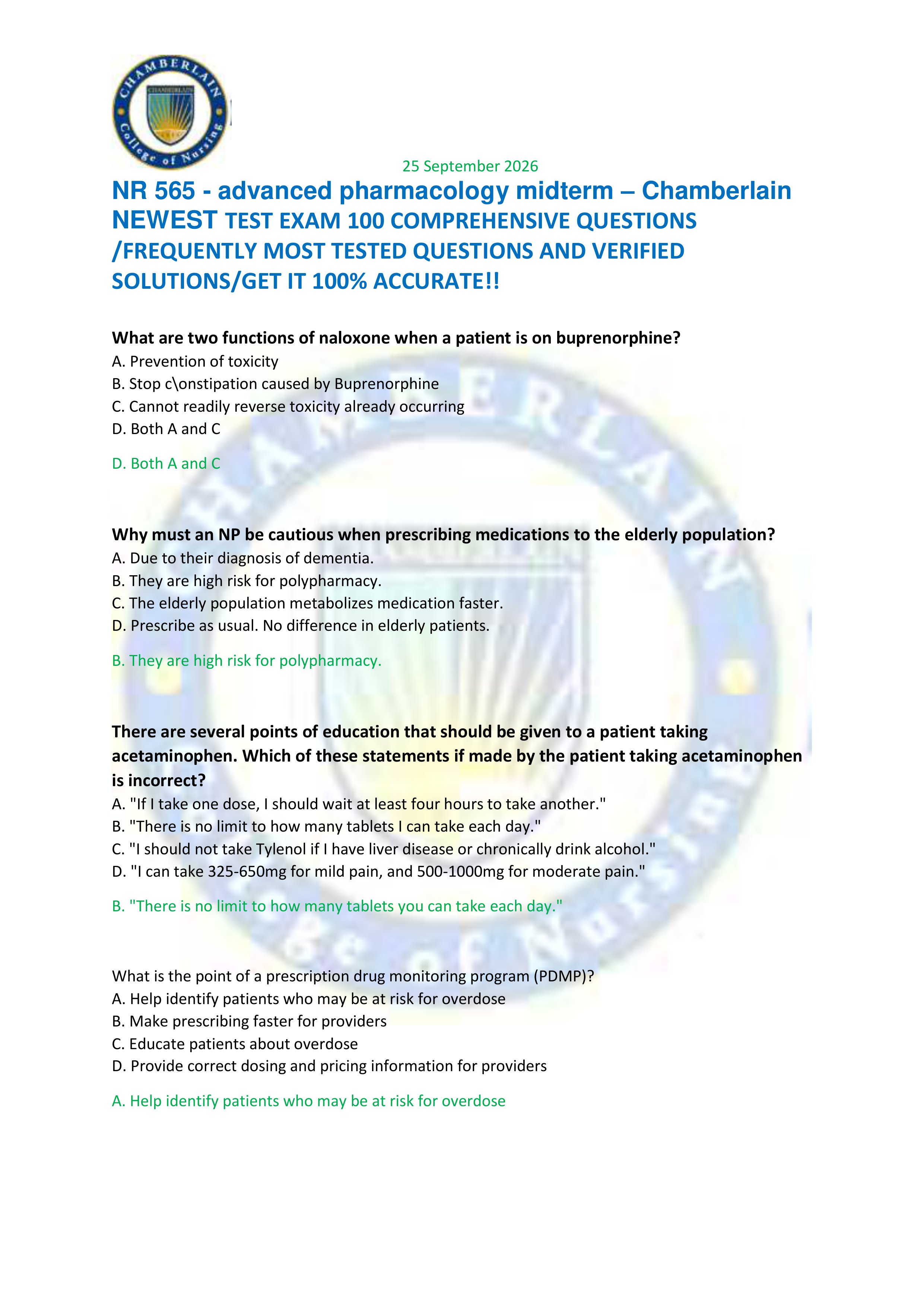 Preview of NR 565 - advanced pharmacology midterm – Chamberlain  NEWEST TEST EXAM 100 COMPREHENSIVE QUESTIONS  /FREQUENTLY MOST TES