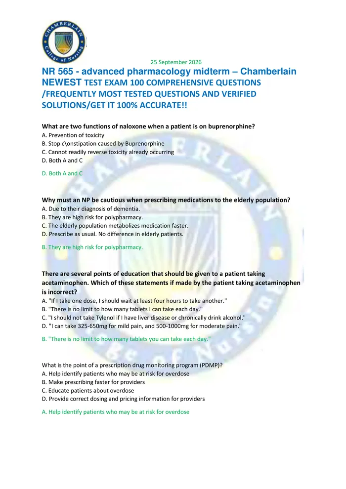 Preview of NR 565 - advanced pharmacology midterm – Chamberlain  NEWEST TEST EXAM 100 COMPREHENSIVE QUESTIONS  /FREQUENTLY MOST TES