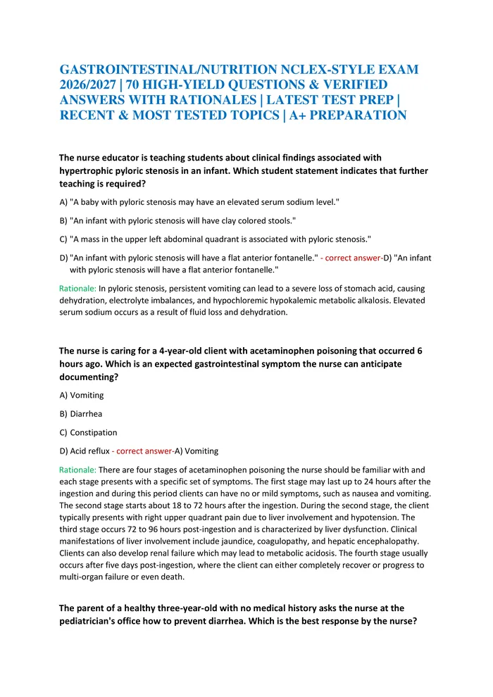 Preview of GASTROINTESTINAL/NUTRITION NCLEX-STYLE EXAM 2026/2027 | 70 HIGH-YIELD QUESTIONS & VERIFIED ANSWERS WITH RATIONALES | LAT