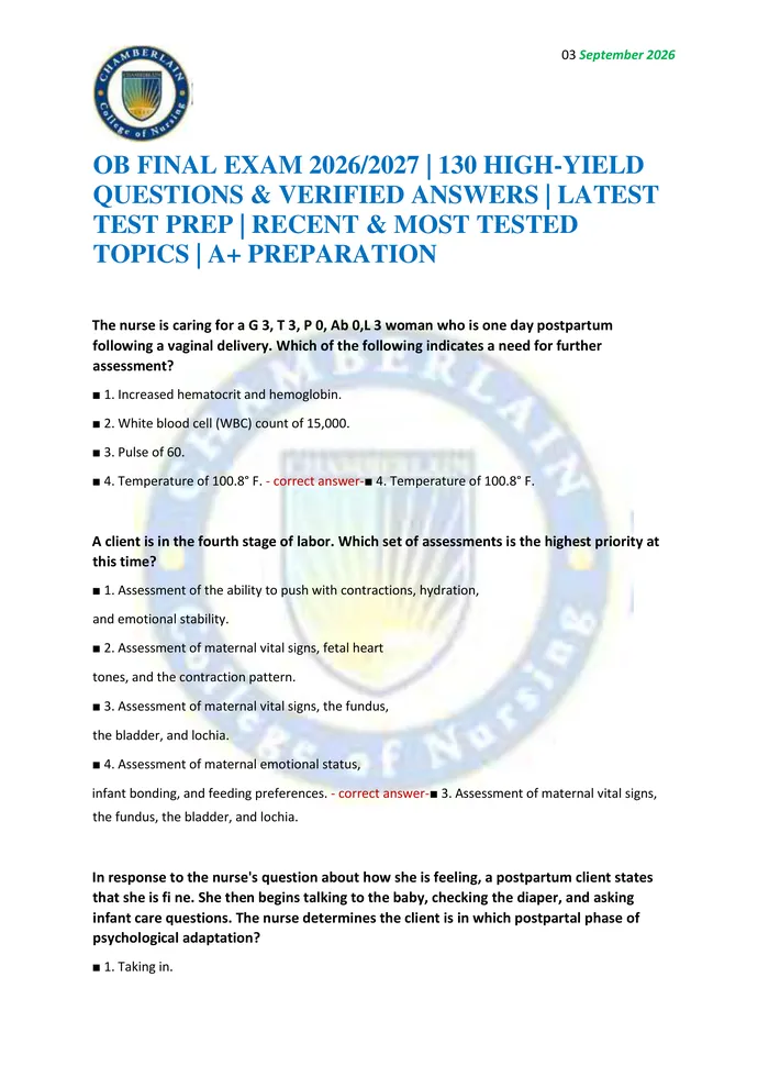 Preview of OB FINAL EXAM 2026/2027 | 130 HIGH-YIELD QUESTIONS & VERIFIED ANSWERS | LATEST TEST PREP | RECENT & MOST TESTED TOPICS |