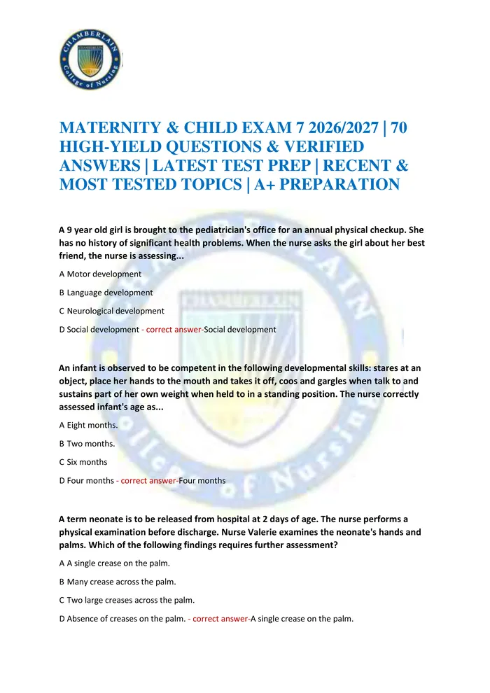 Preview of MATERNITY & CHILD EXAM 7 2026/2027 | 70 HIGH-YIELD QUESTIONS & VERIFIED ANSWERS | LATEST TEST PREP | RECENT & MOST TESTE