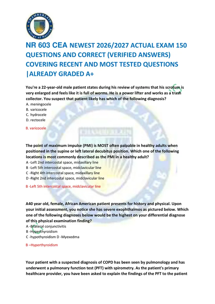 Preview of NR 603 CEA NEWEST 2026/2027 ACTUAL EXAM 150  QUESTIONS AND CORRECT (VERIFIED ANSWERS)  COVERING RECENT AND MOST TESTED Q