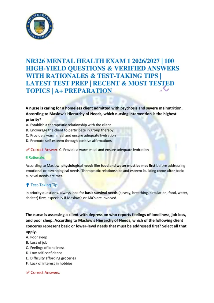 Preview of NR326 MENTAL HEALTH EXAM 1 2026/2027 | 100 HIGH-YIELD QUESTIONS & VERIFIED ANSWERS WITH RATIONALES & TEST-TAKING TIPS |