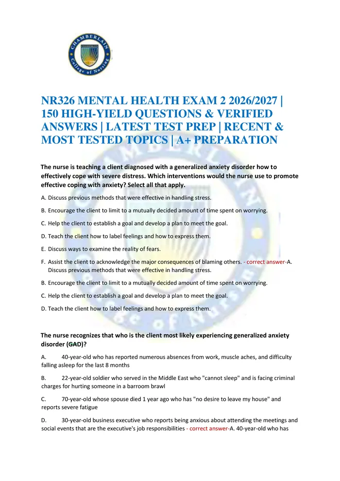 Preview of NR326 MENTAL HEALTH EXAM 2 2026/2027 | 150 HIGH-YIELD QUESTIONS & VERIFIED ANSWERS | LATEST TEST PREP | RECENT & MOST TE
