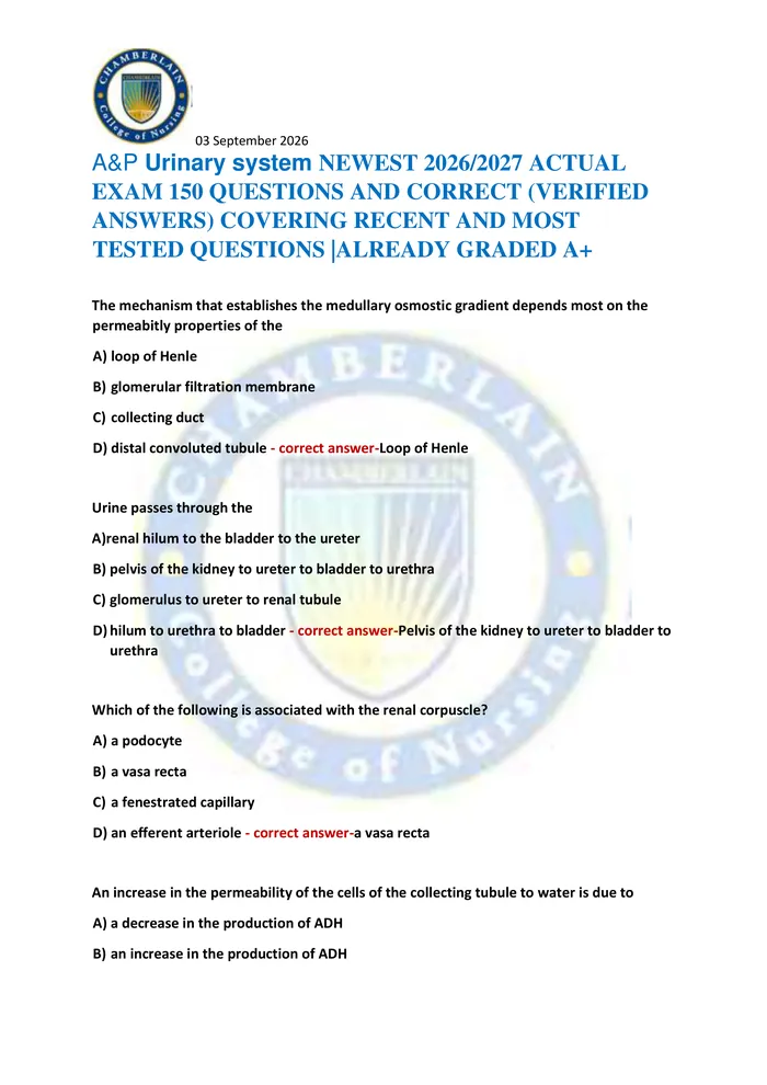 Preview of A&P Urinary system NEWEST 2026/2027 ACTUAL  EXAM 150 QUESTIONS AND CORRECT (VERIFIED  ANSWERS) COVERING RECENT AND MOST