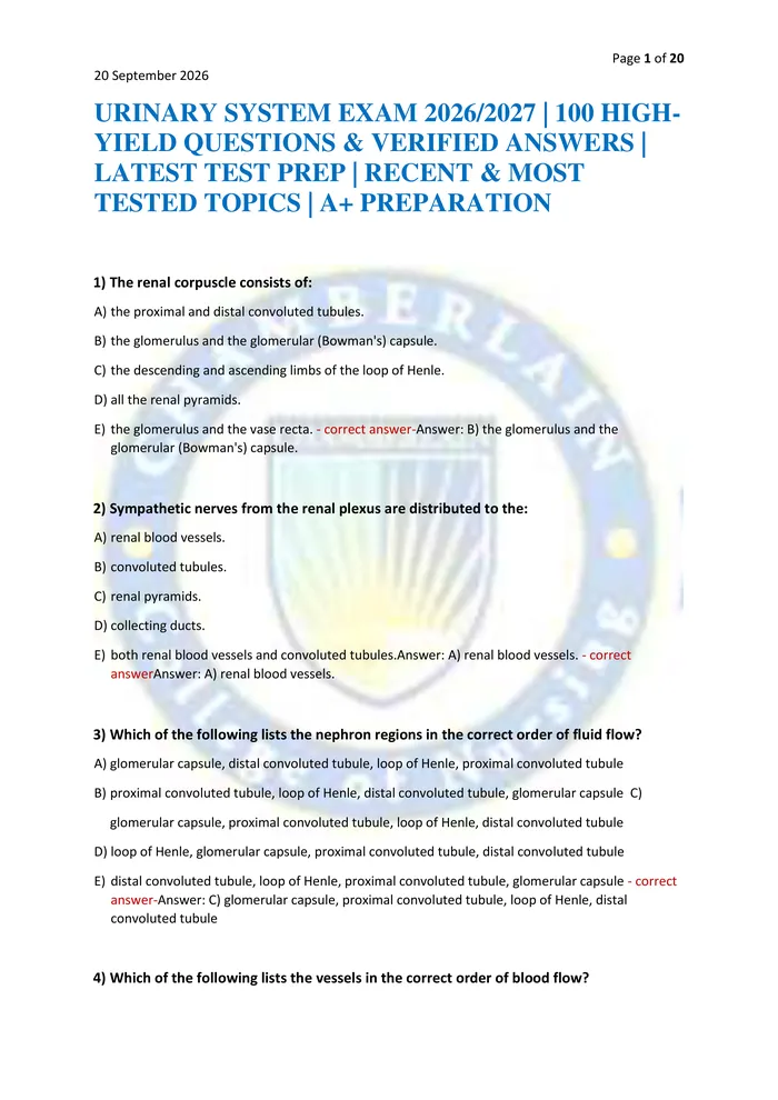 Preview of URINARY SYSTEM EXAM 2026/2027 | 100 HIGH-YIELD QUESTIONS & VERIFIED ANSWERS | LATEST TEST PREP | RECENT & MOST TESTED TO