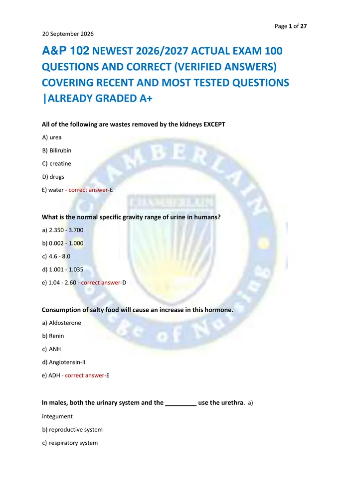 Preview of A&P 102 NEWEST 2026/2027 ACTUAL EXAM 100  QUESTIONS AND CORRECT (VERIFIED ANSWERS)  COVERING RECENT AND MOST TESTED QUES