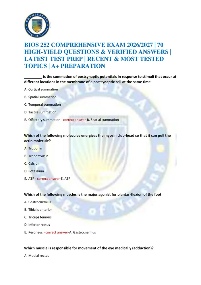 Preview of BIOS 252 COMPREHENSIVE EXAM 2026/2027 | 70 HIGH-YIELD QUESTIONS & VERIFIED ANSWERS | LATEST TEST PREP | RECENT & MOST TE