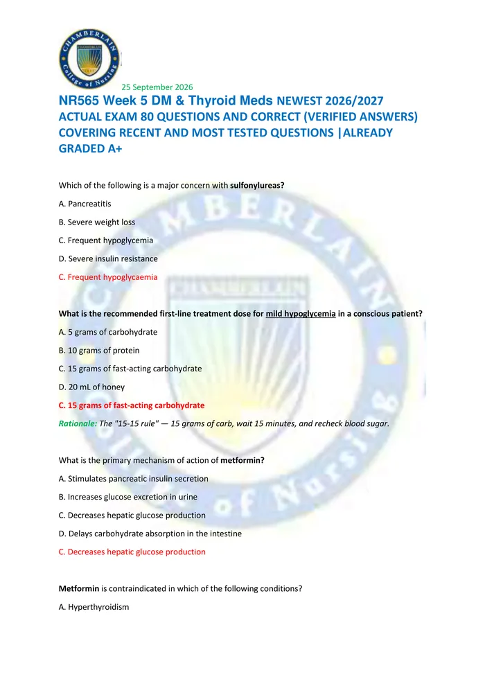 Preview of NR565 Week 5 DM & Thyroid Meds NEWEST 2026/2027  ACTUAL EXAM 80 QUESTIONS AND CORRECT (VERIFIED ANSWERS)  COVERING RECEN
