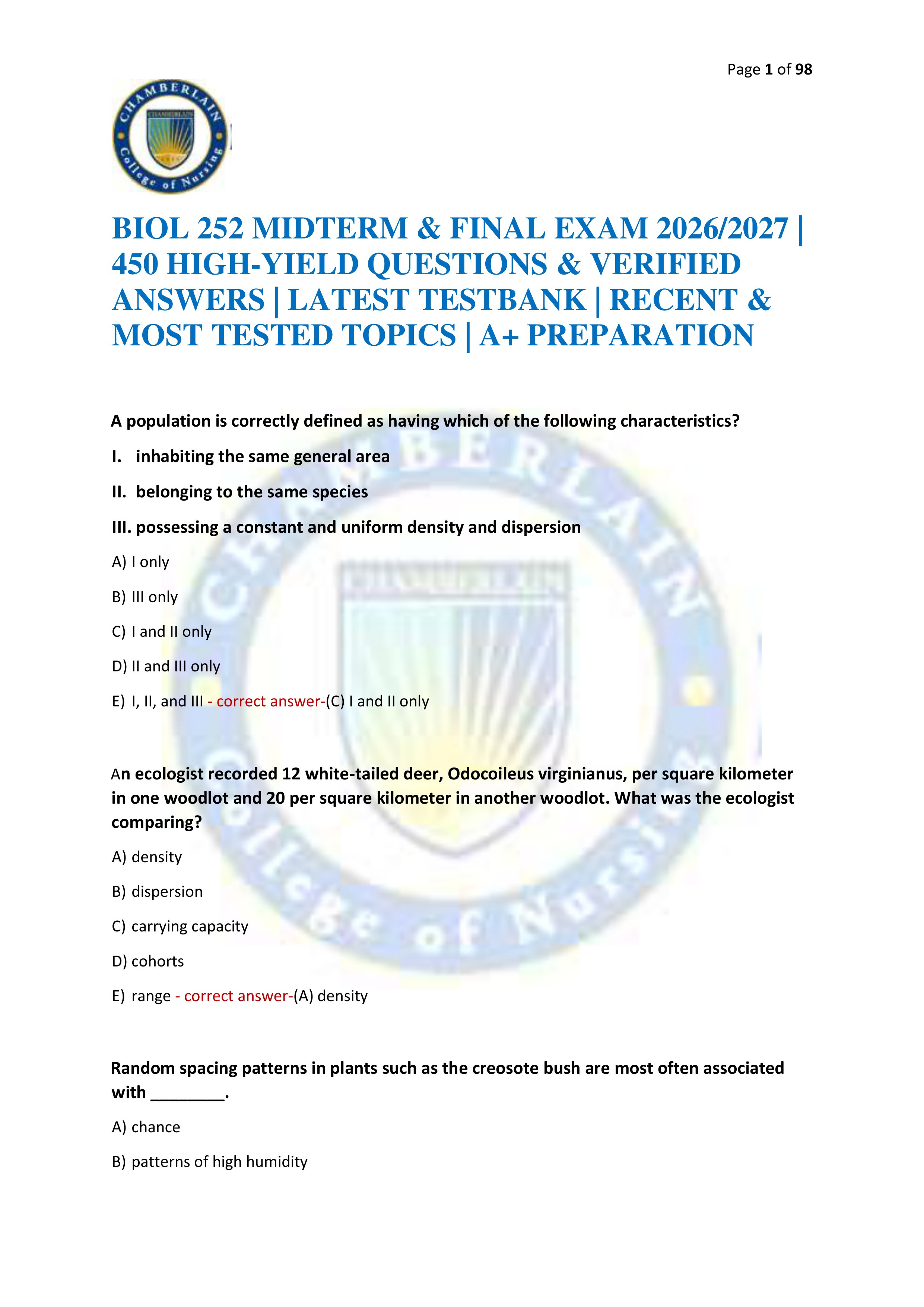 Preview of BIOL 252 MIDTERM & FINAL EXAM 2026/2027 | 450 HIGH-YIELD QUESTIONS & VERIFIED ANSWERS | LATEST TESTBANK | RECENT & MOST