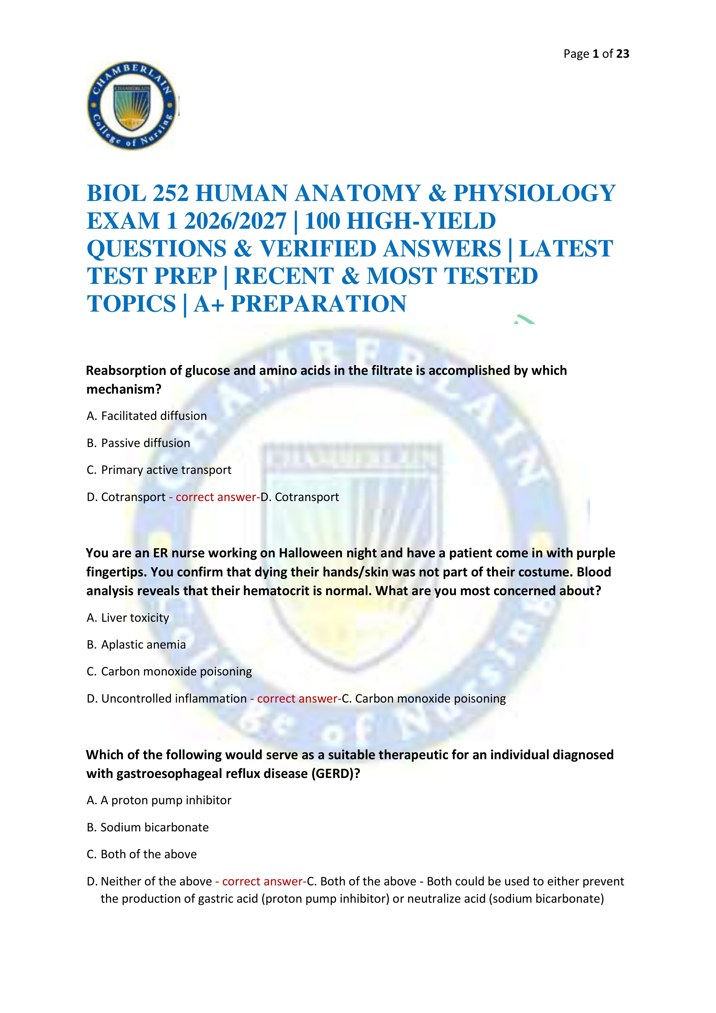 Preview of BIOL 252 HUMAN ANATOMY & PHYSIOLOGY EXAM 1 2026/2027 | 100 HIGH-YIELD QUESTIONS & VERIFIED ANSWERS | LATEST TEST PREP |