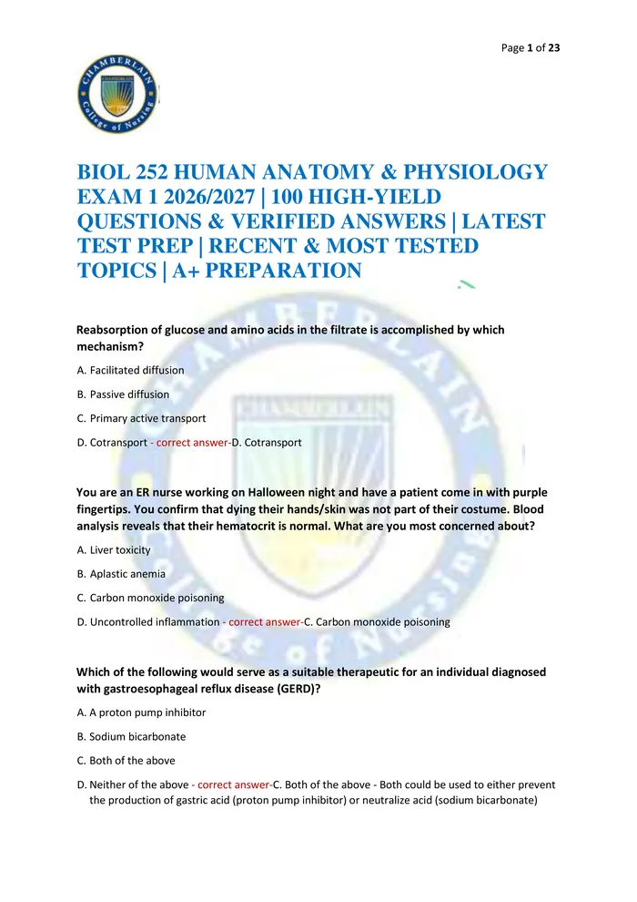 Preview of BIOL 252 HUMAN ANATOMY & PHYSIOLOGY EXAM 1 2026/2027 | 100 HIGH-YIELD QUESTIONS & VERIFIED ANSWERS | LATEST TEST PREP |